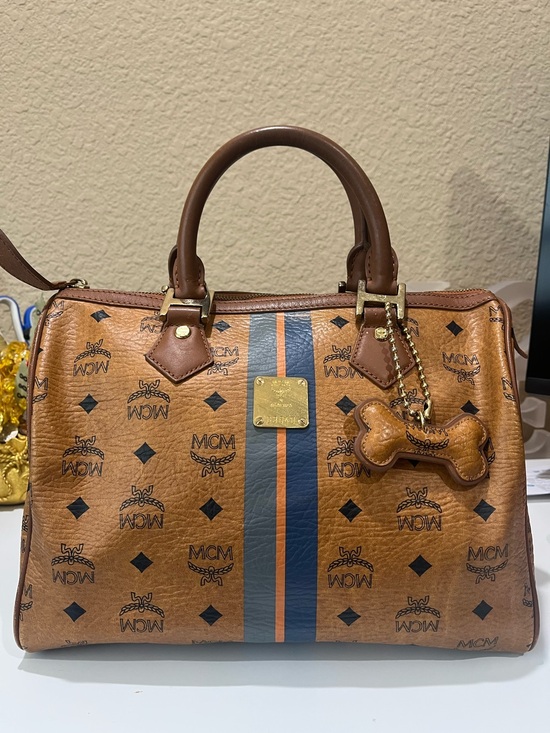 MCM Handbags - MCM COGNAC VISETOS BOSTON BAG a WITH DOG CHARM
